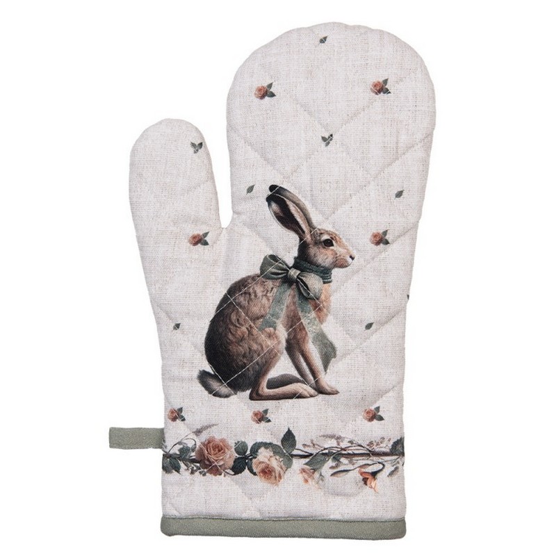 Guanto forno in cotone decorato con lepre con fiocco verde in ghirlanda, perfetto come regalo di Pasqua